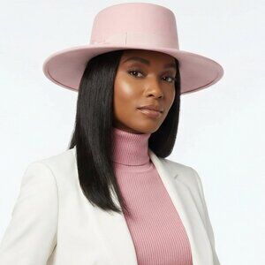 Wide Brim Boater Hat in Faux Felt - Structured Hat with Ribbon Dark Pink